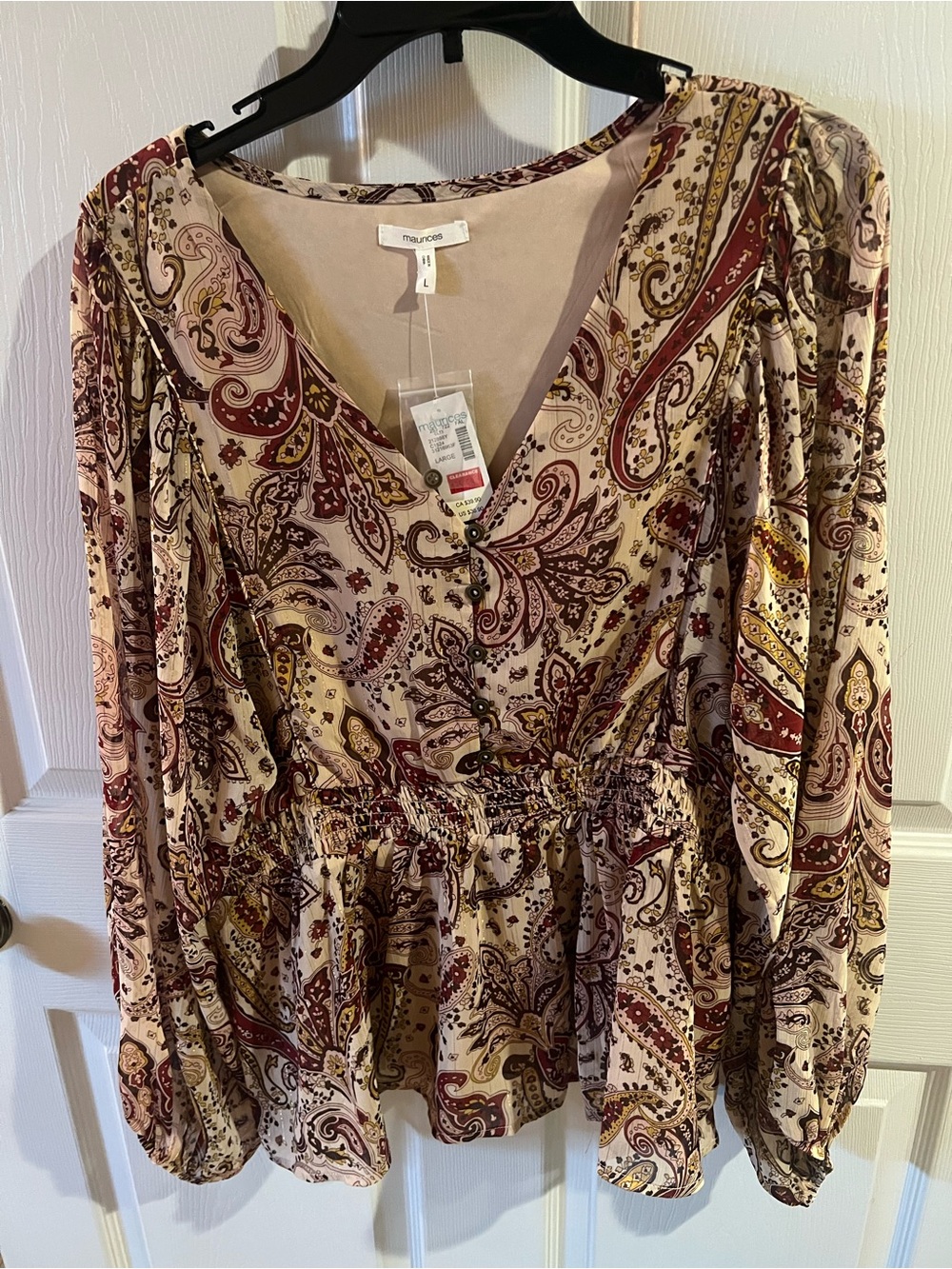 Maurice’s Women's Cream Paisley Long-Sleeve Peplum Top